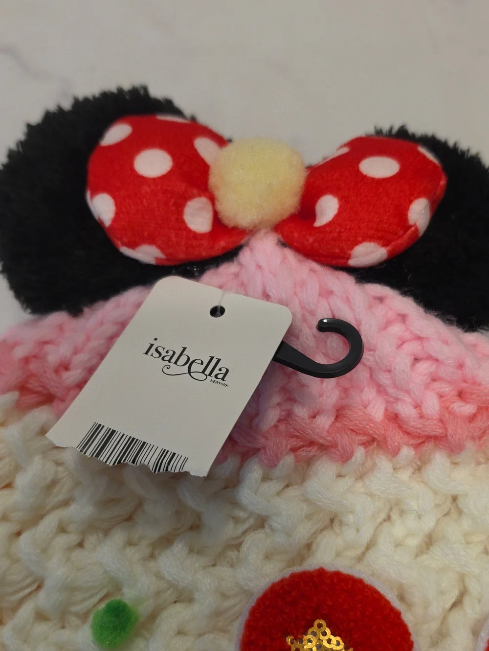 Isabella Kids Pink and White Knit Beanie with Red Mickey Patch Brand New